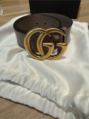 Authentic Gucci GG Marmont wide Leather Belt with Antique Gold Buckle